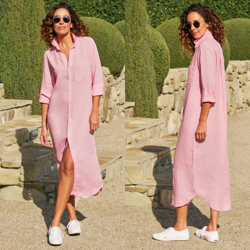 Frank & Eileen Rory Maxi Shirtdress Italian Linen‎ Bubblegum Pink Size Large